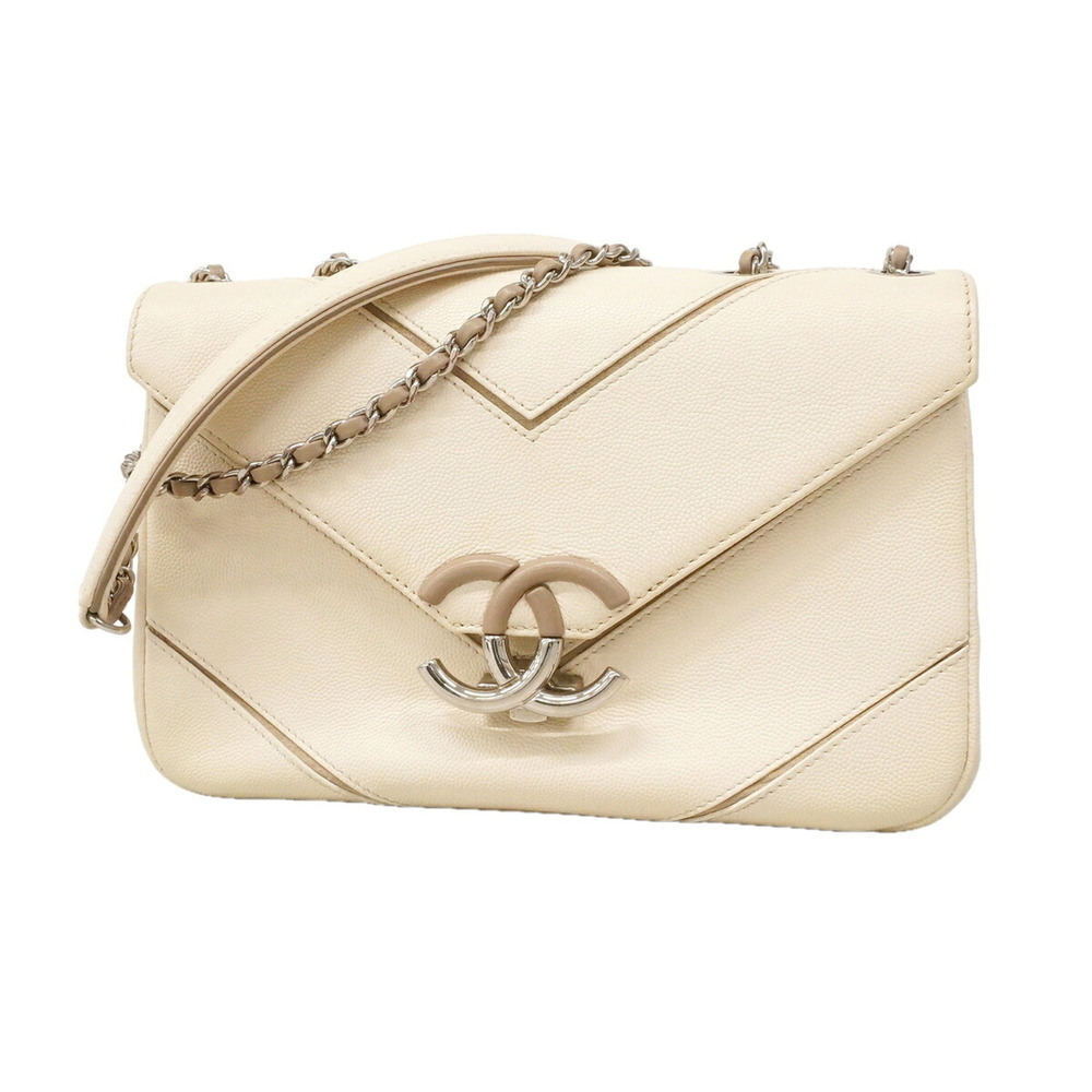 Chanel Shoulder Bag, Double Chain, Chevron Caviar Leather, White/Beige, Women's